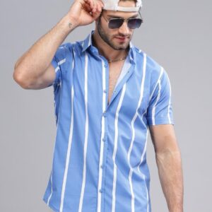 Shirt02 – Blue Stripes || Half Sleeve || 100%Linen Cotton