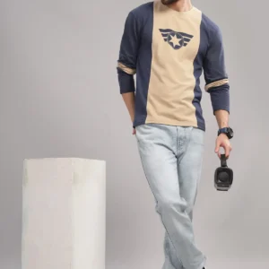 FS003 || Navy & Cream || Full Sleeve Round Neck T-Shirt